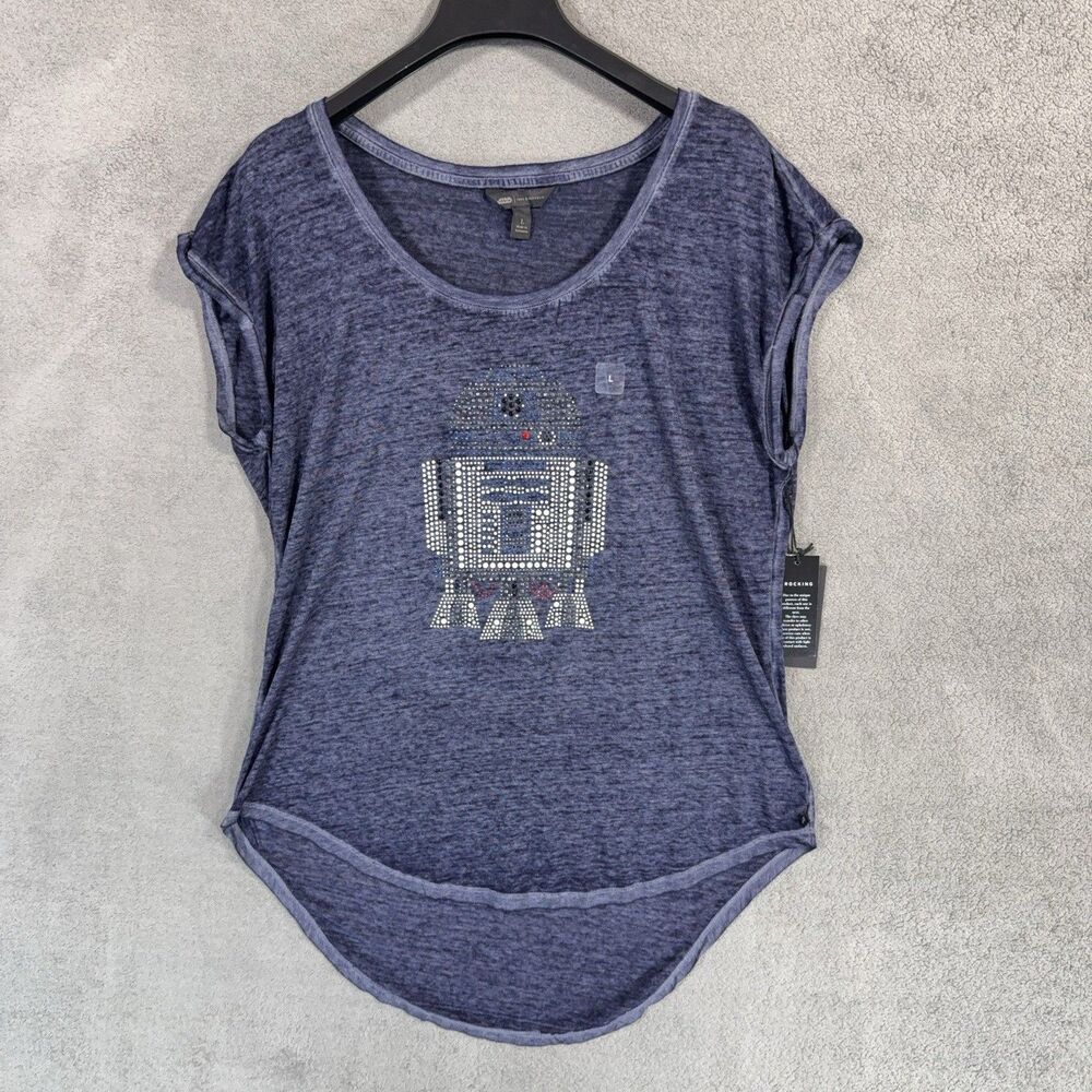 Rock & Republic Star Wars R2-D2 Rhinestone T-Shirt L Blue High Low NWT